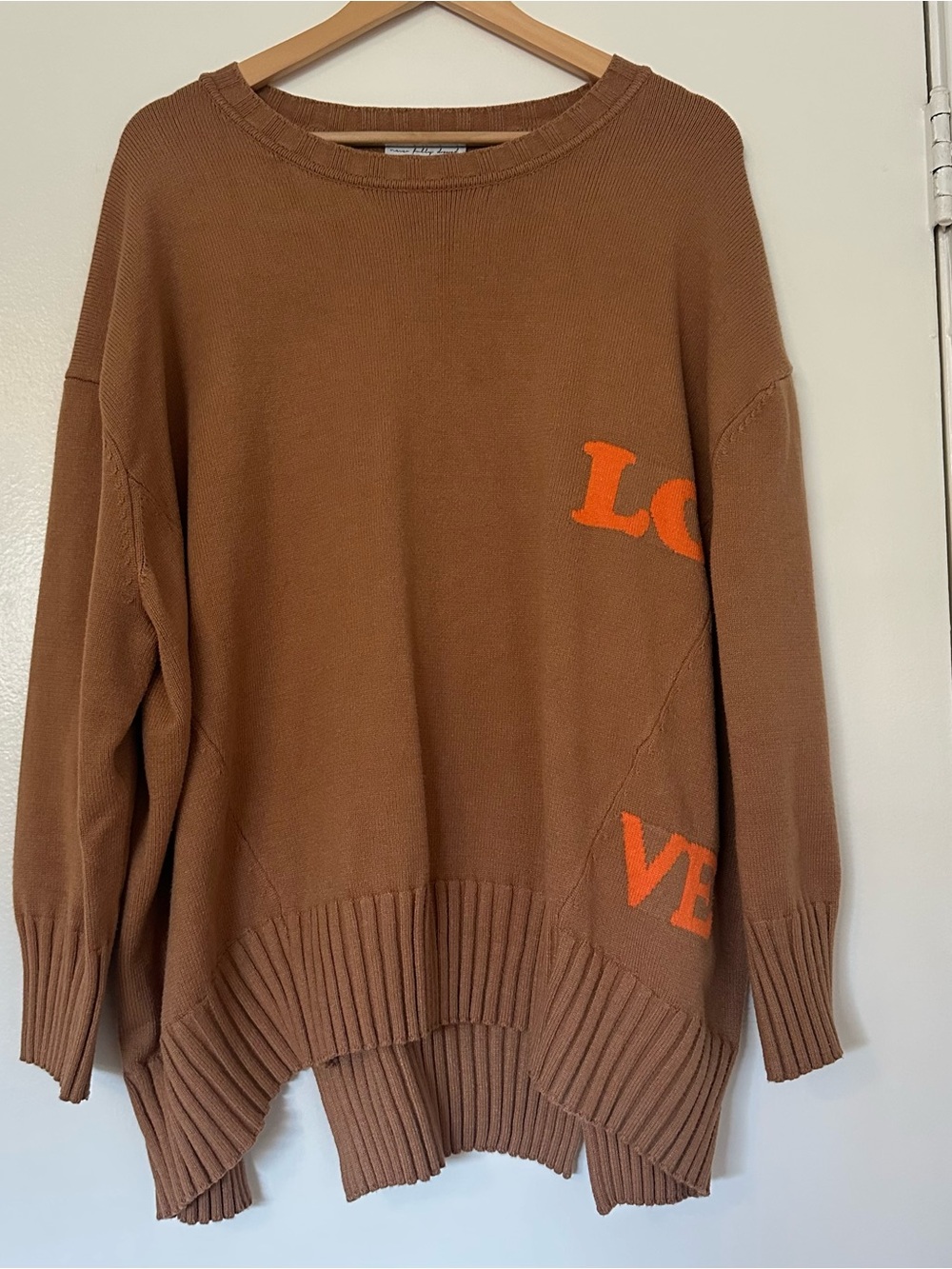 Never Fully Dressed Camel Sweater with Orange Lettering